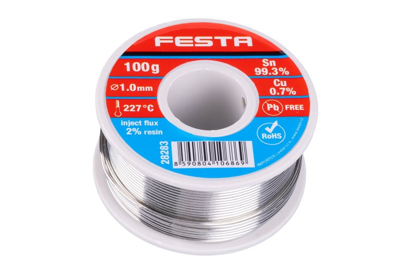 Drát pájecí trubičkový cín FESTA Sn 99,3%/0,7%Cu, O 1mm, 100g